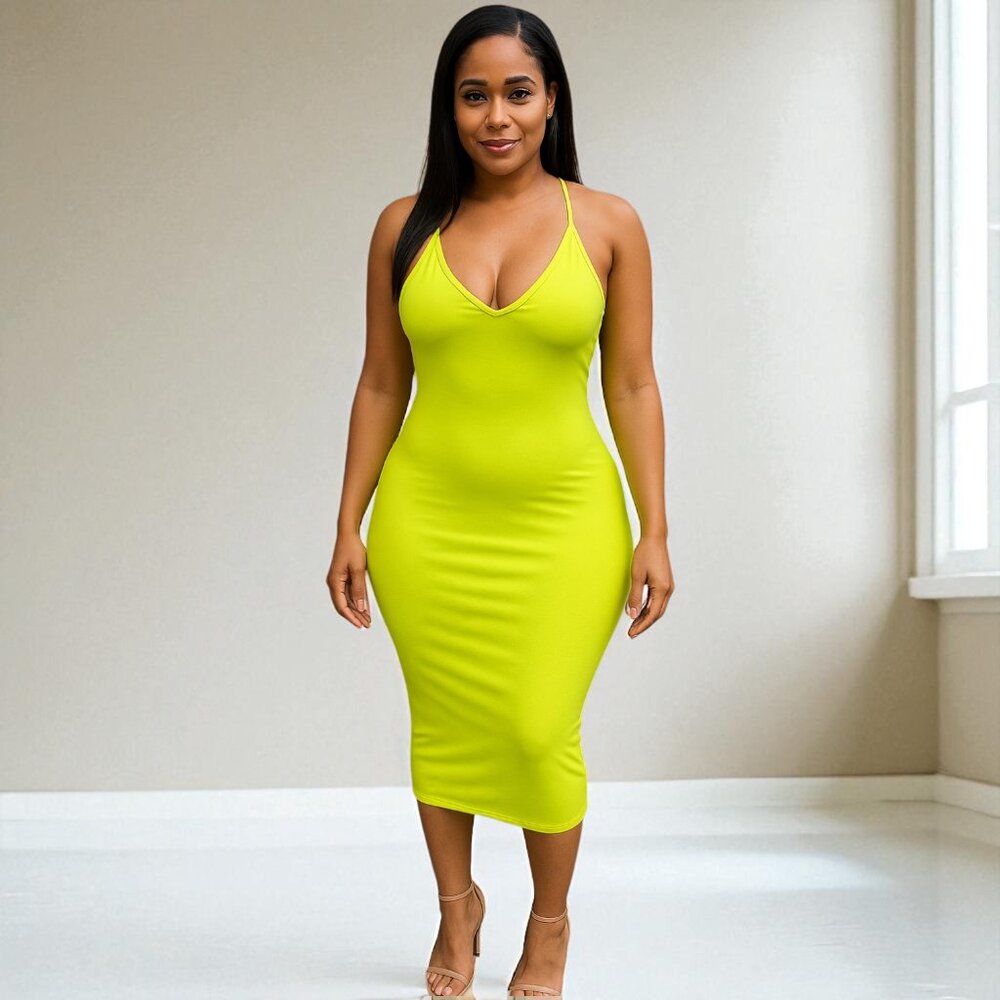 V Neck Long Midi Bodycon Dress